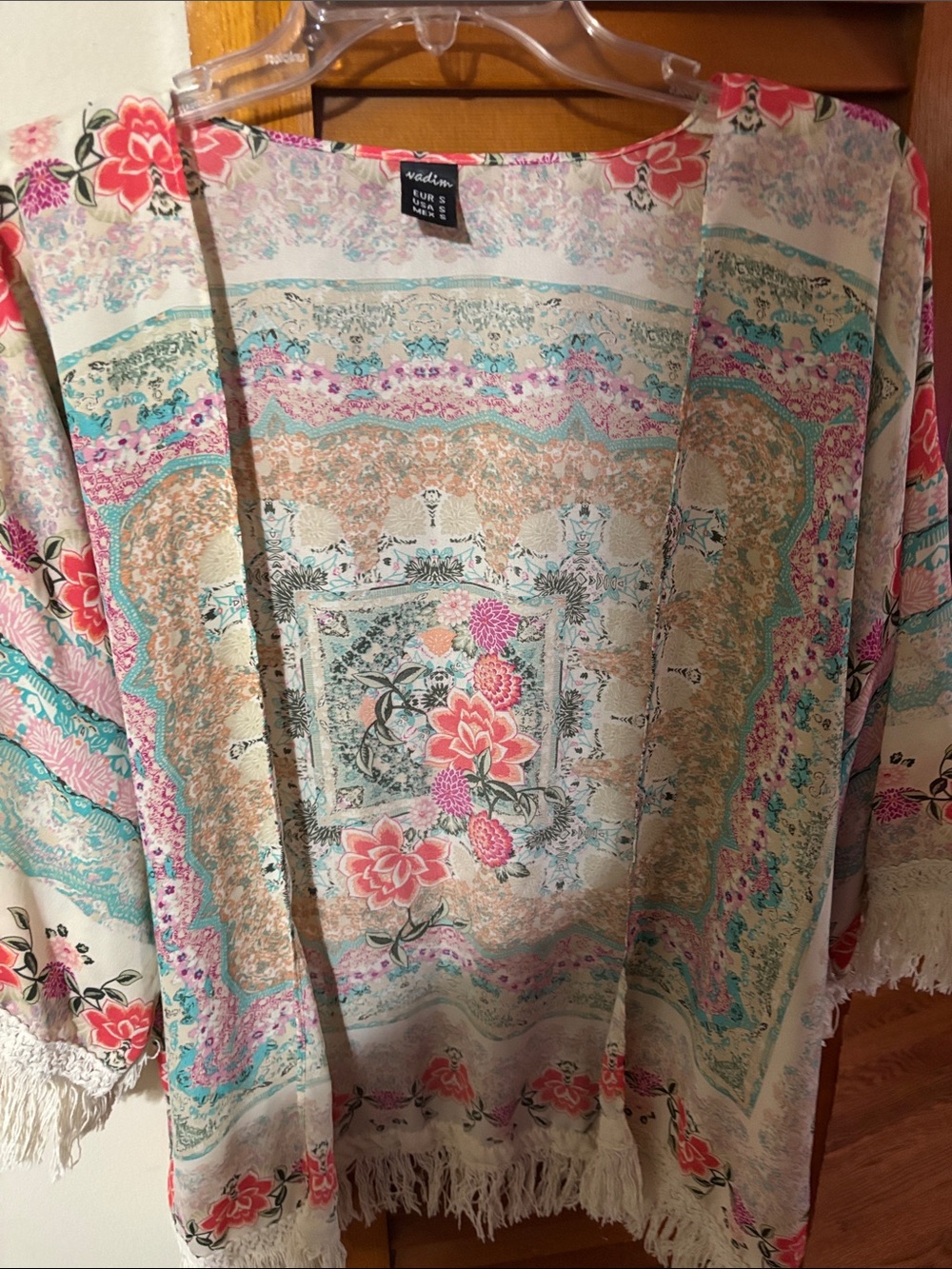 Floral Fringe Kimono - Pink, Turquoise, Cream